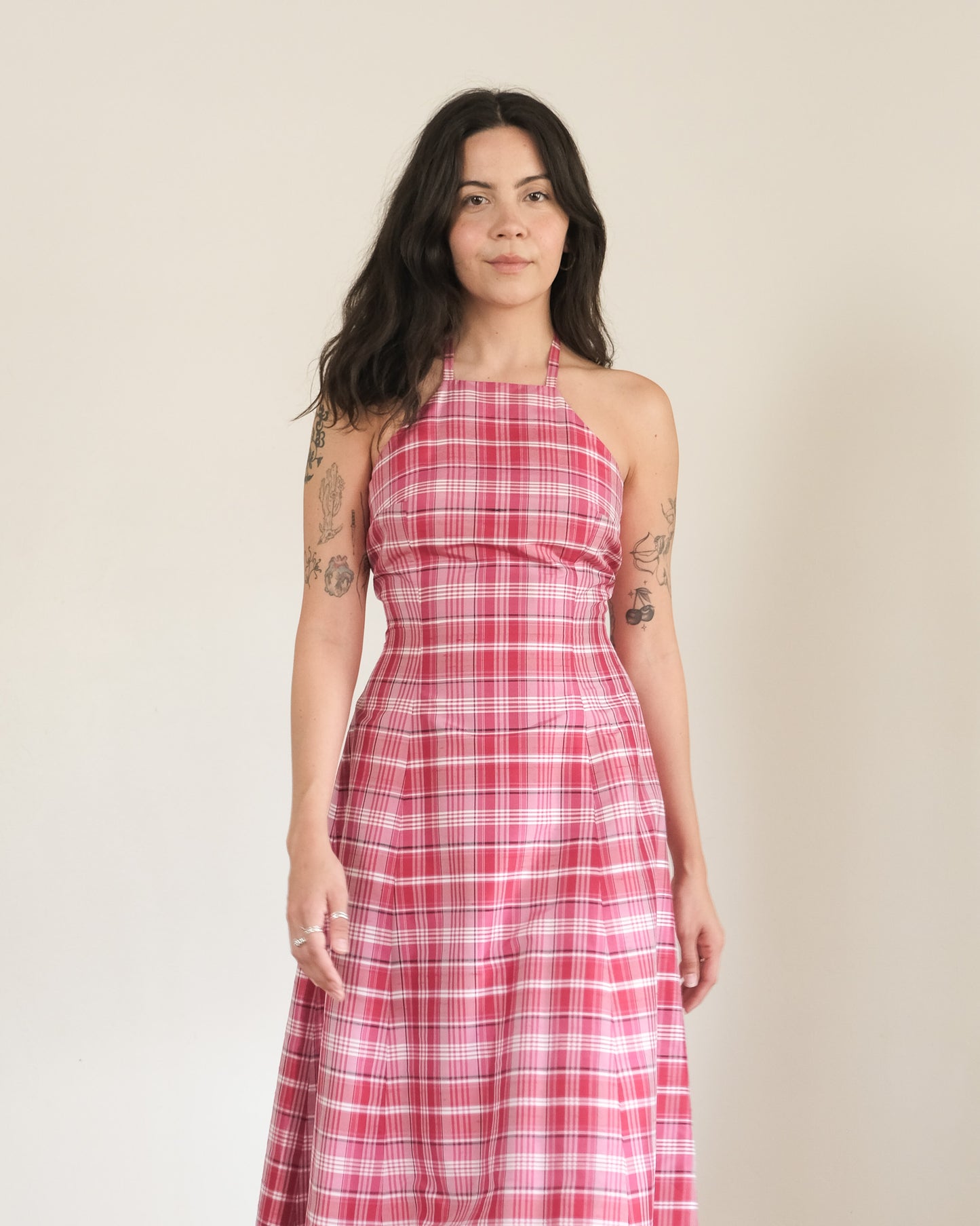 90s silk plaid halter dress
