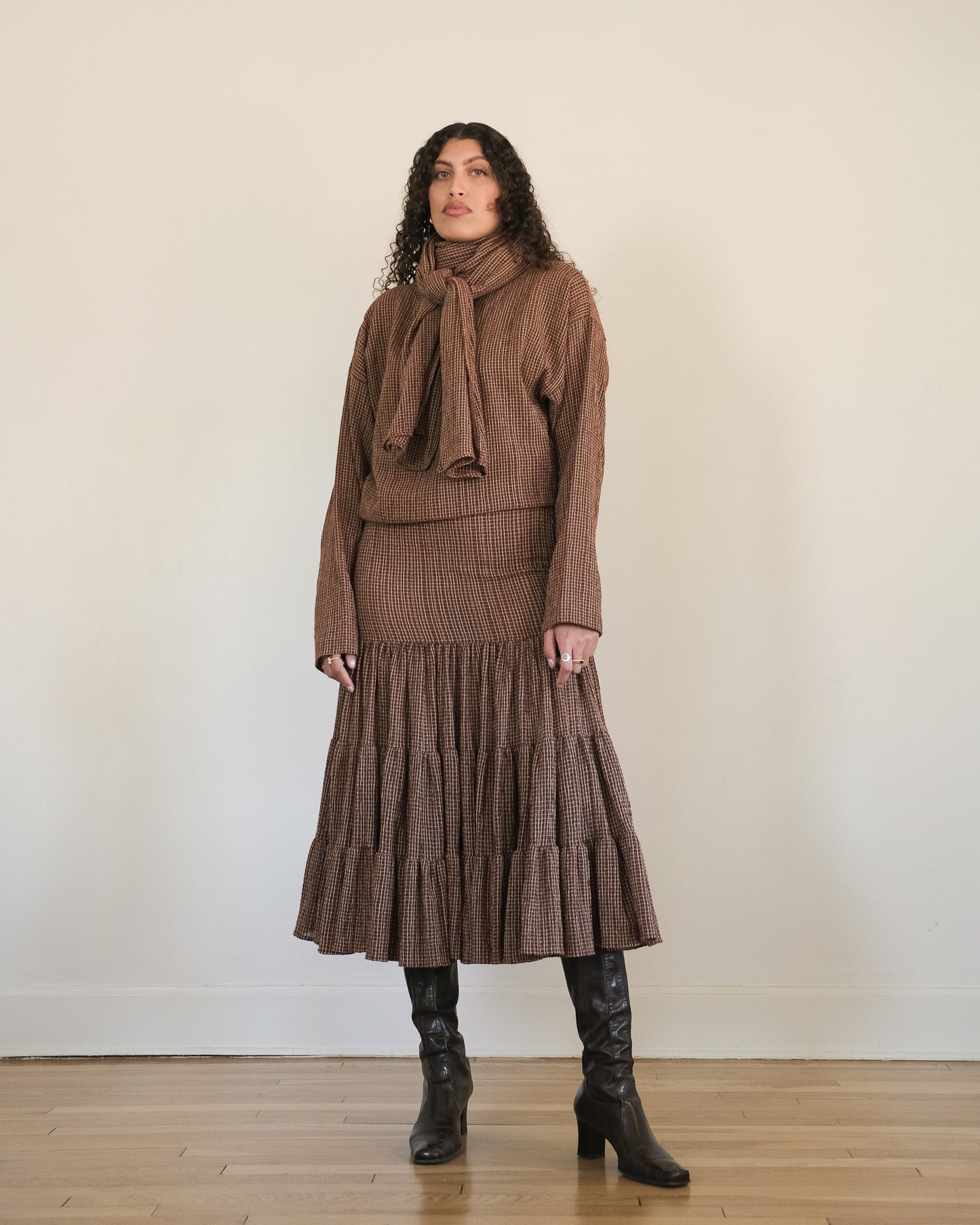 Norma Kamali scarf top + tiered skirt set