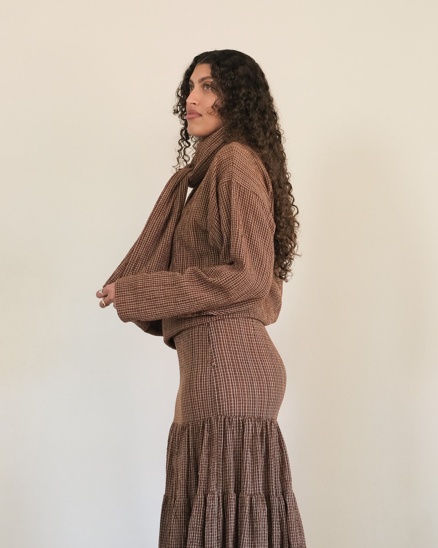 Norma Kamali scarf top + tiered skirt set