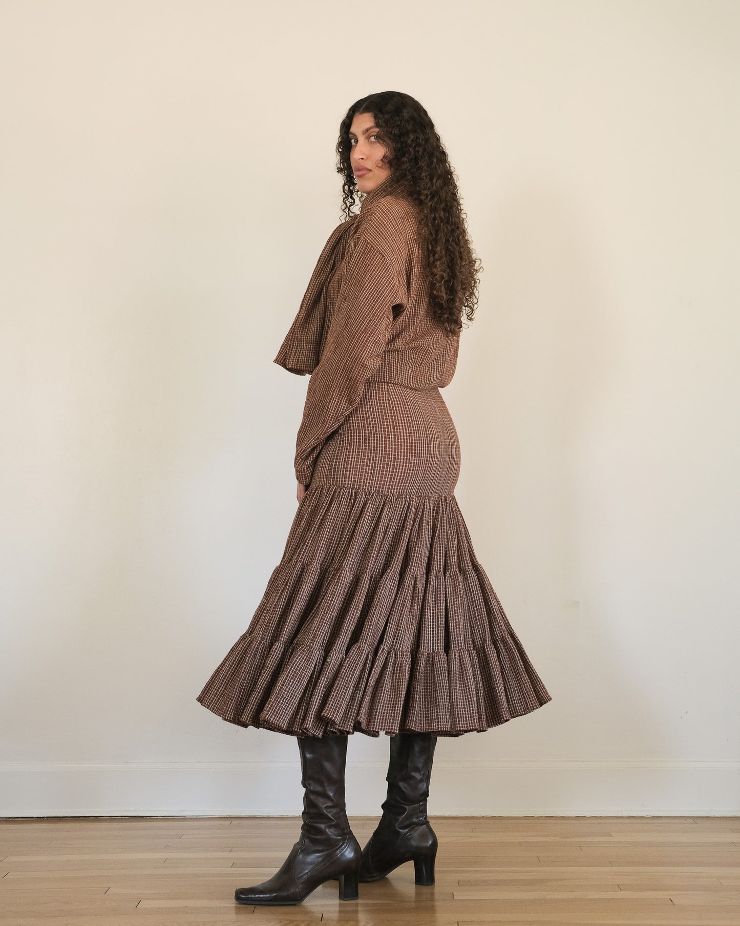 Norma Kamali scarf top + tiered skirt set