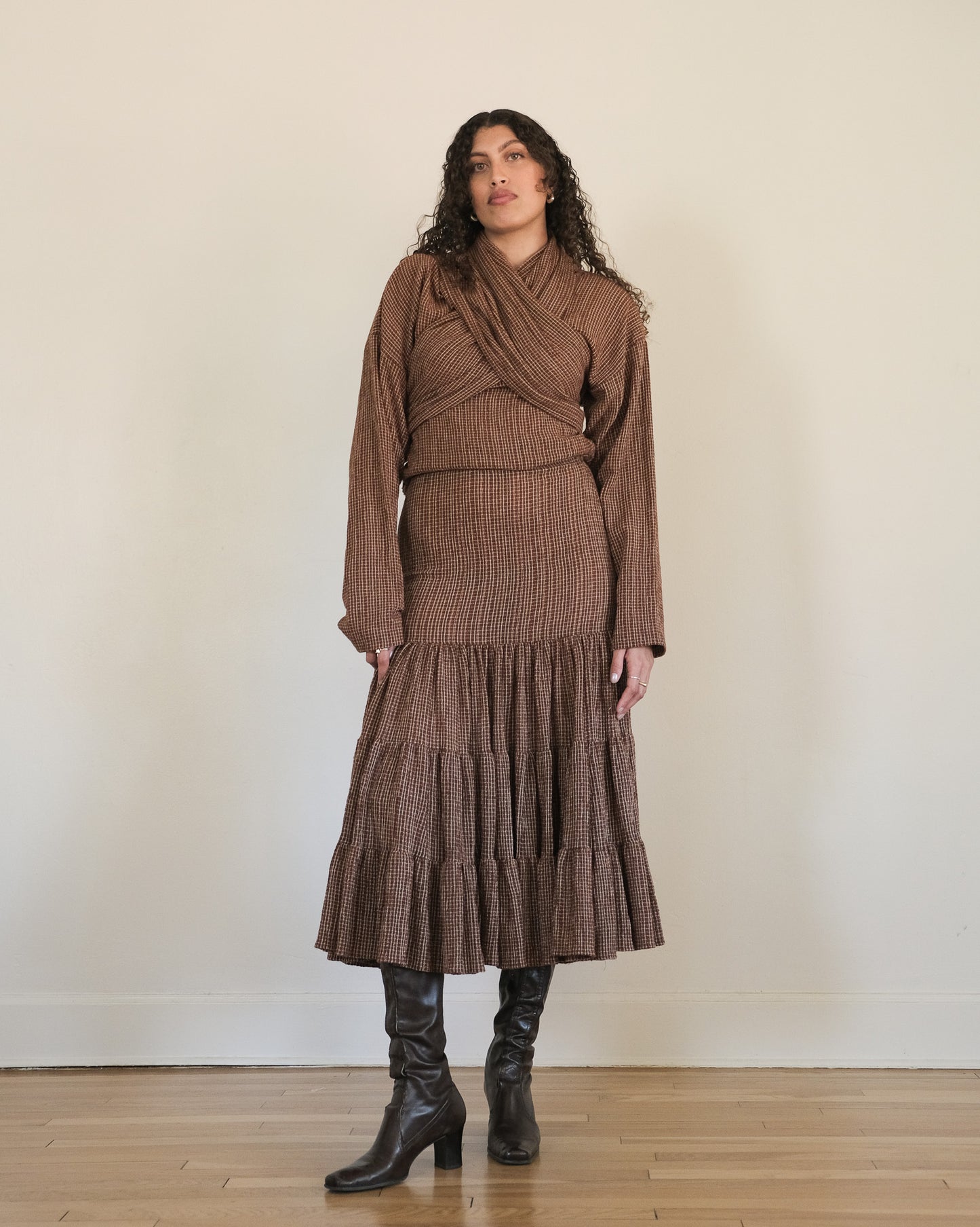 Norma Kamali scarf top + tiered skirt set