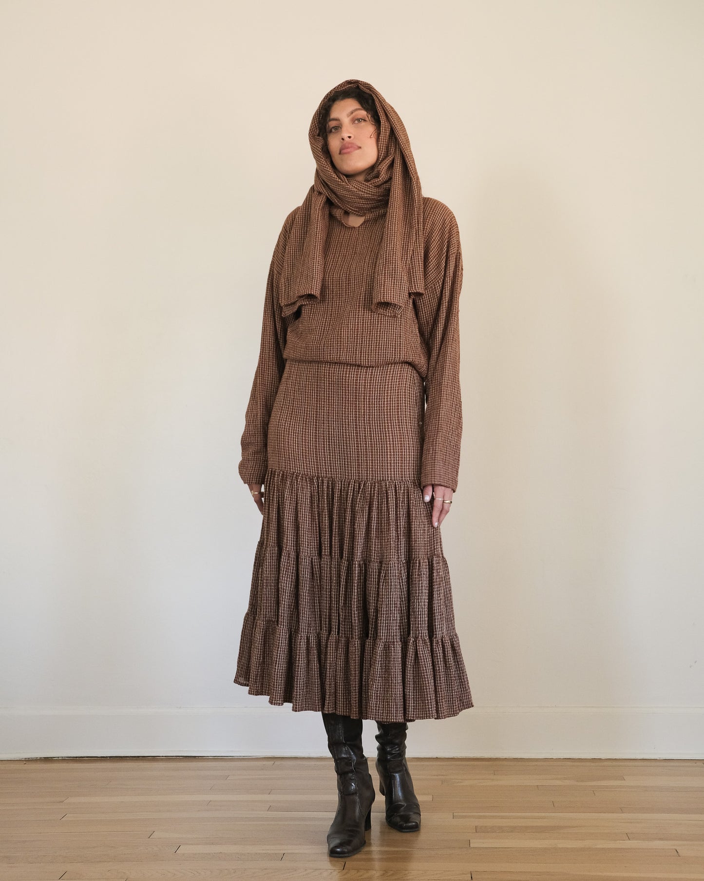 Norma Kamali scarf top + tiered skirt set