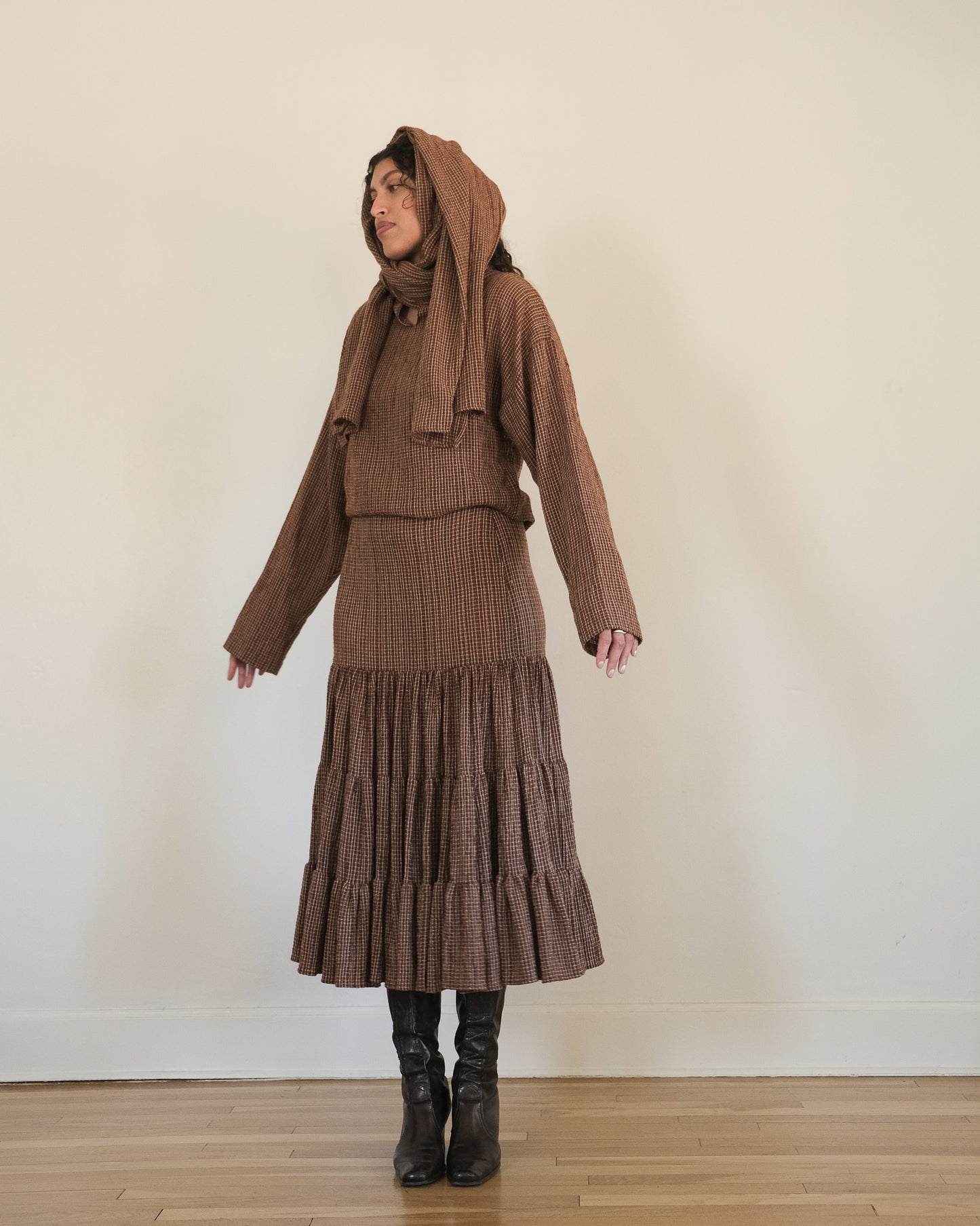 Norma Kamali scarf top + tiered skirt set