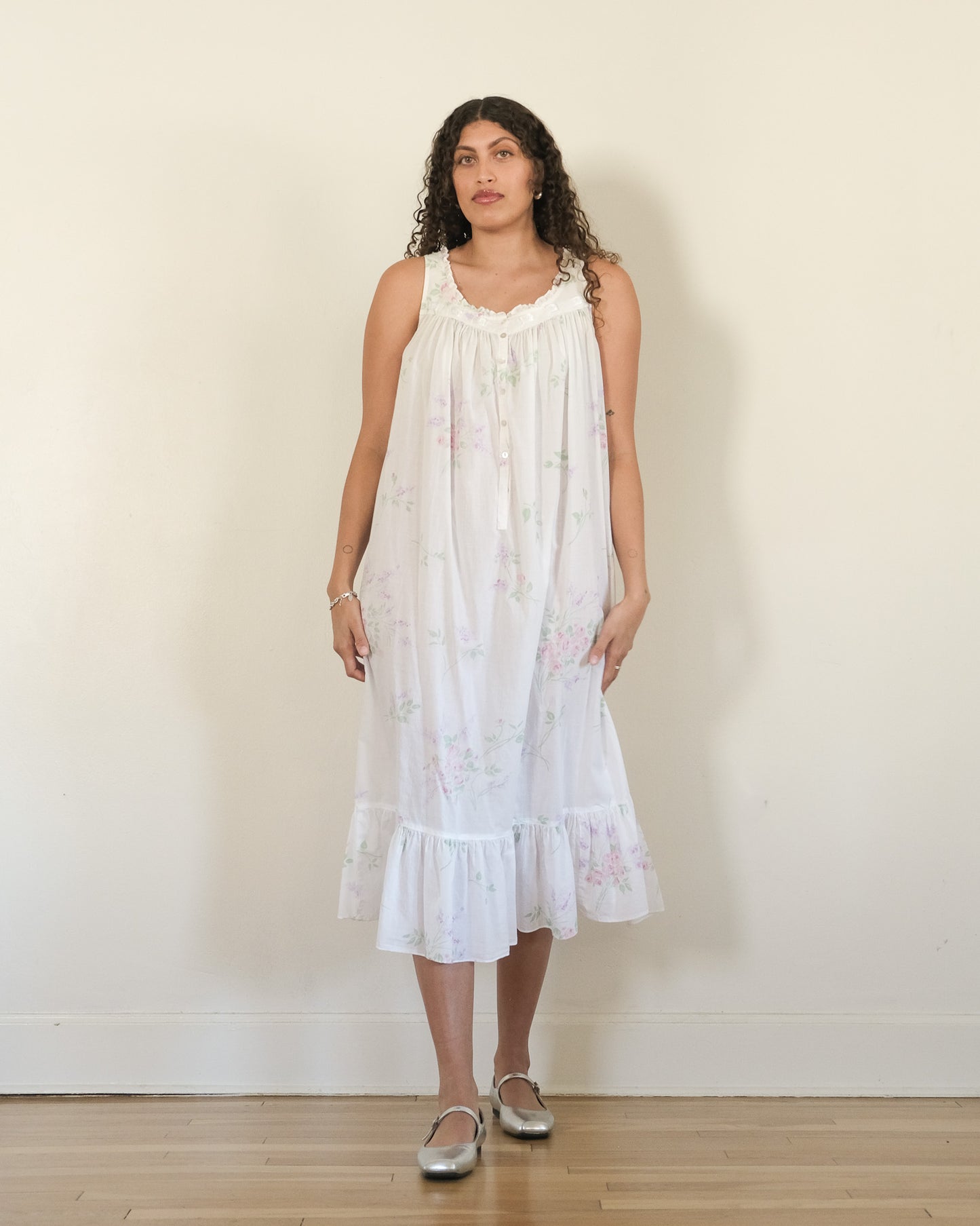 1994 Eileen West floral ruffle trim midi