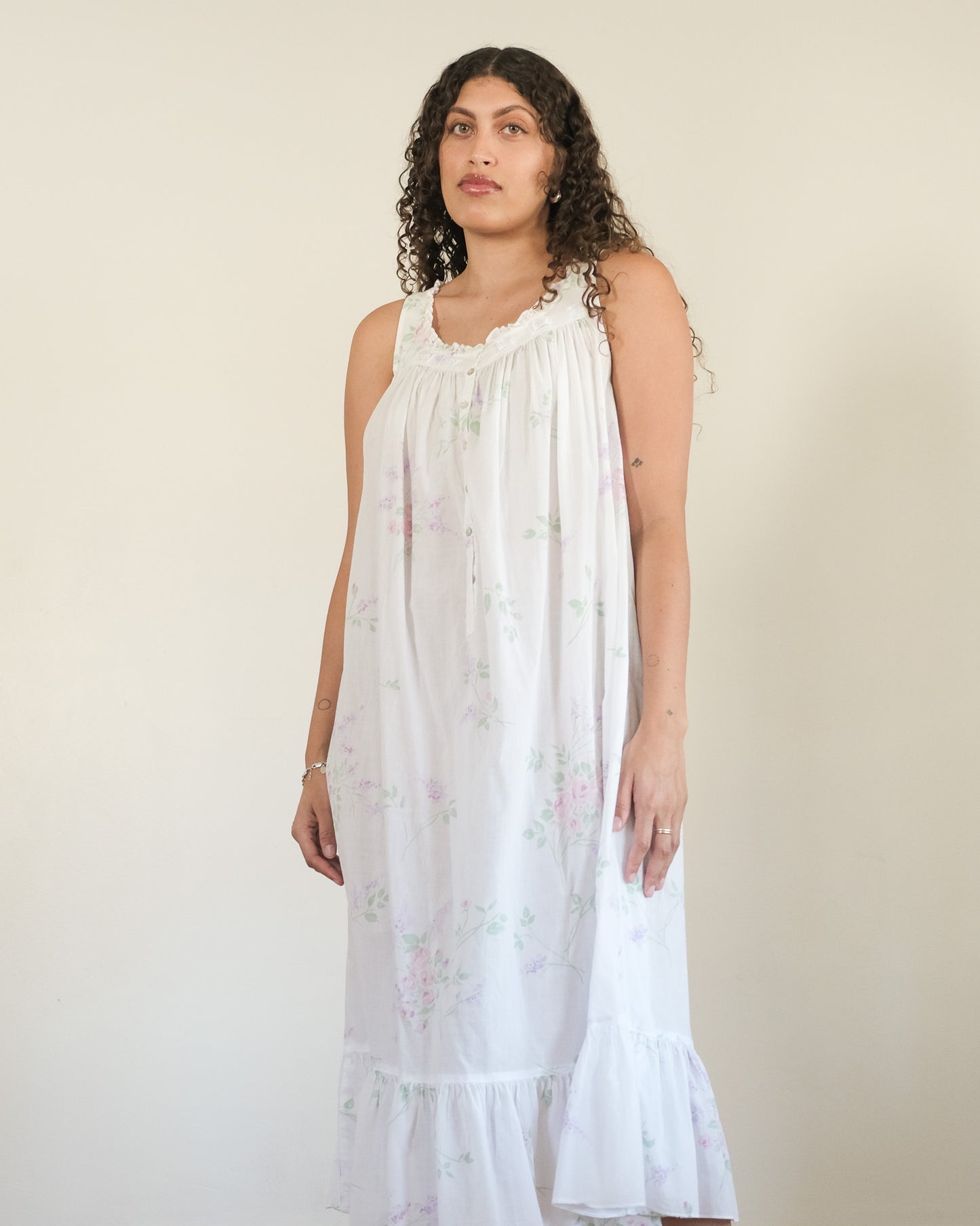 1994 Eileen West floral ruffle trim midi