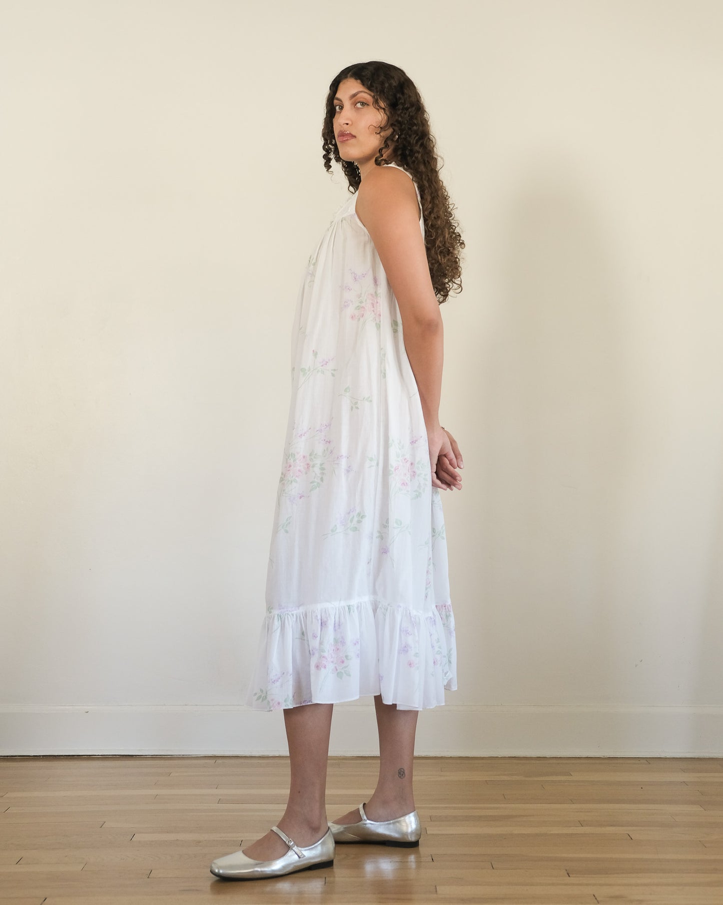 1994 Eileen West floral ruffle trim midi