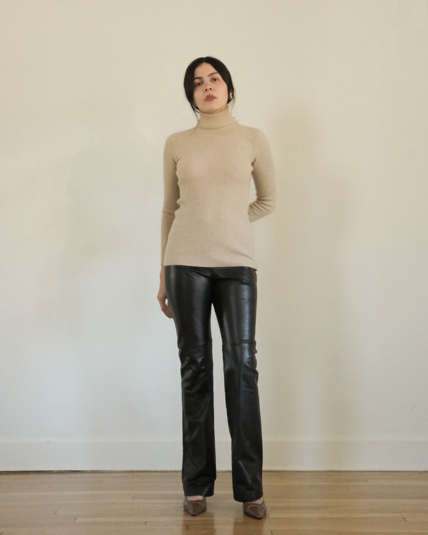 espresso leather bootcut trousers