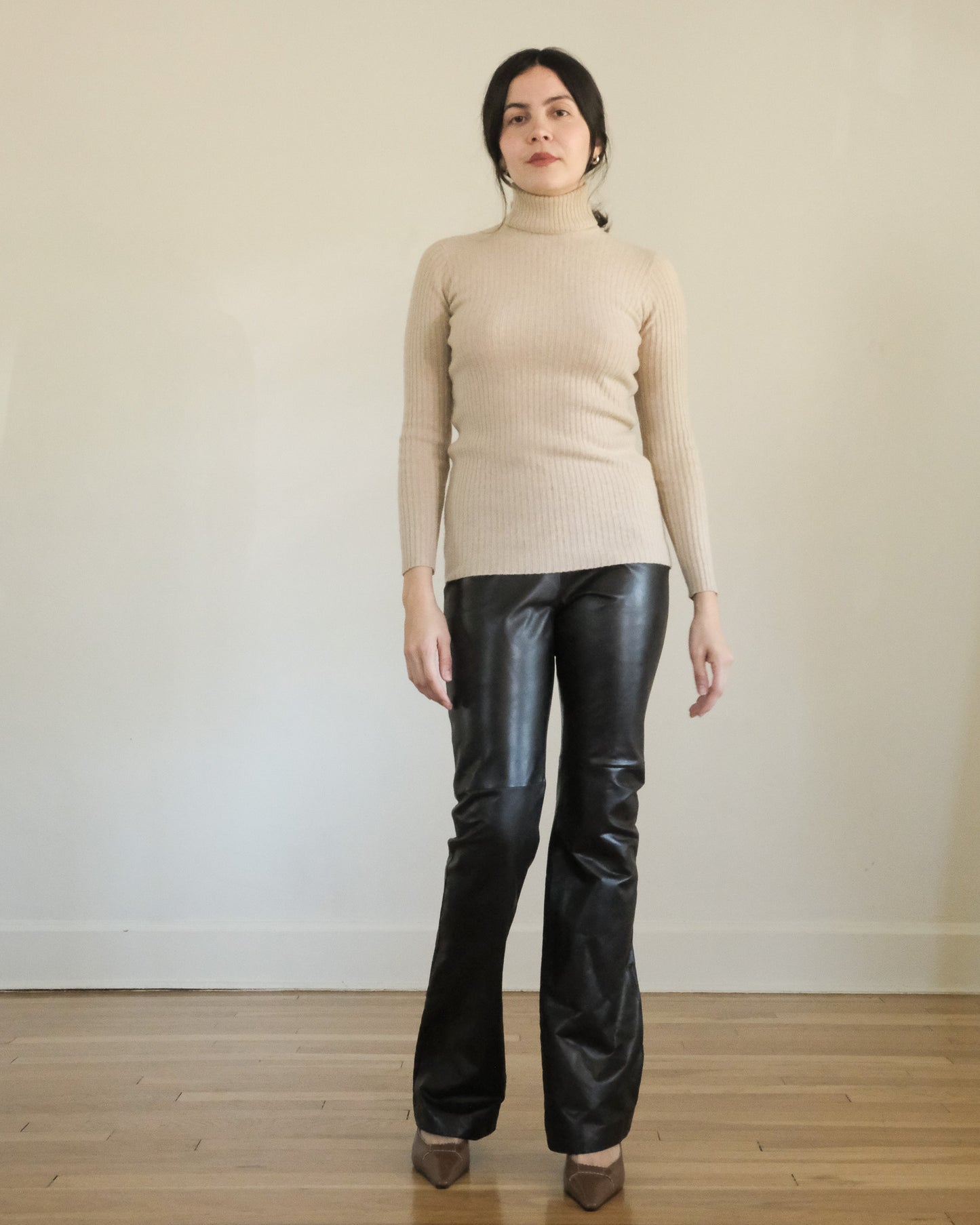 espresso leather bootcut trousers