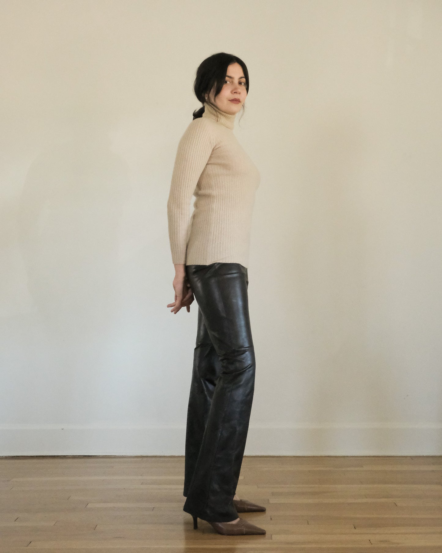 espresso leather bootcut trousers