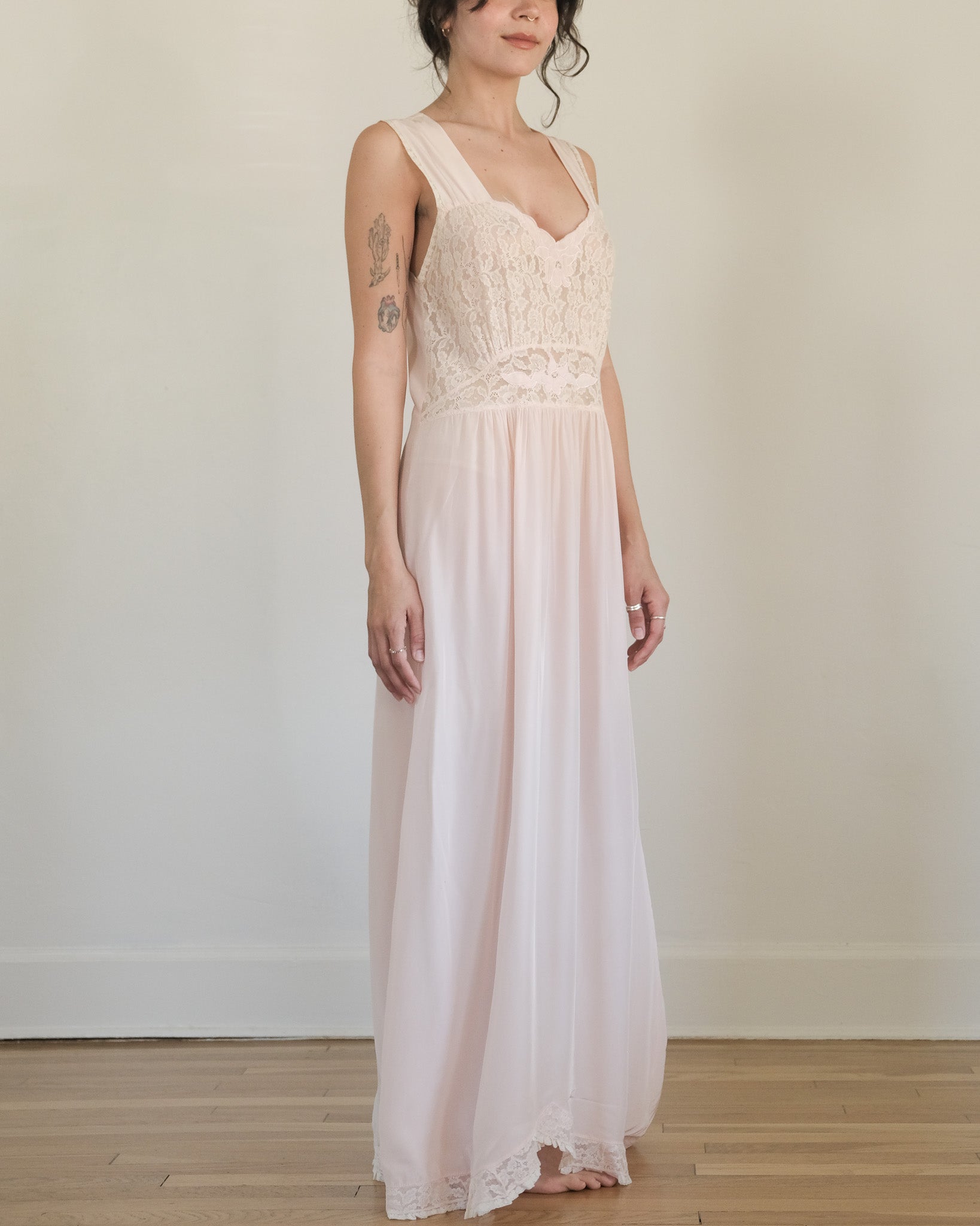 vintage pink slip dress light pink slip dress 60's Light Pink Slip Dress With Lace Detailing By Rokernick Hamlets Vintage