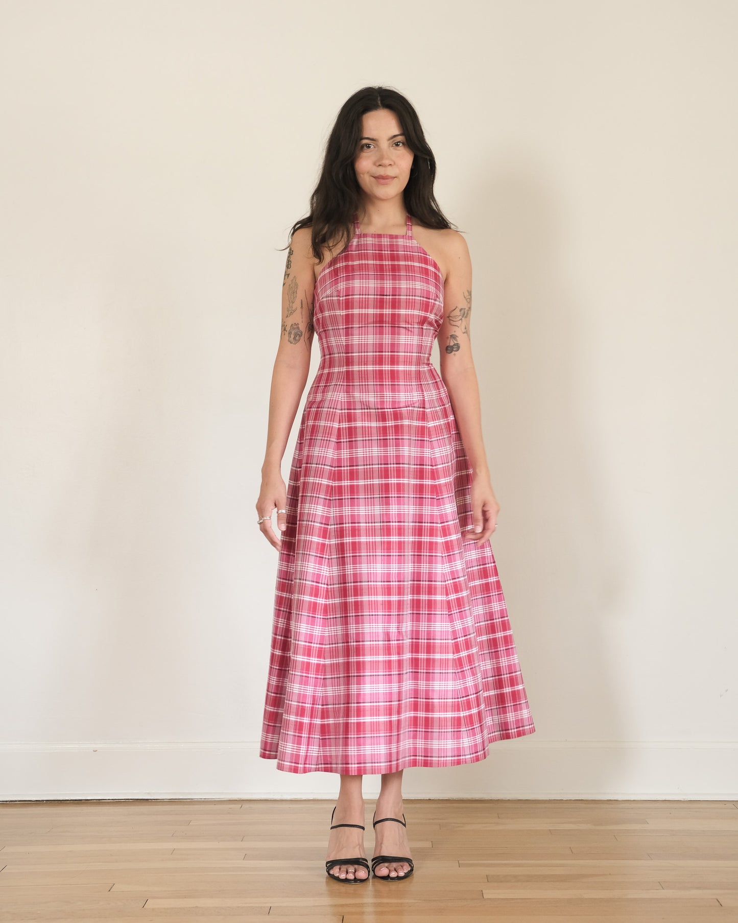 90s silk plaid halter dress