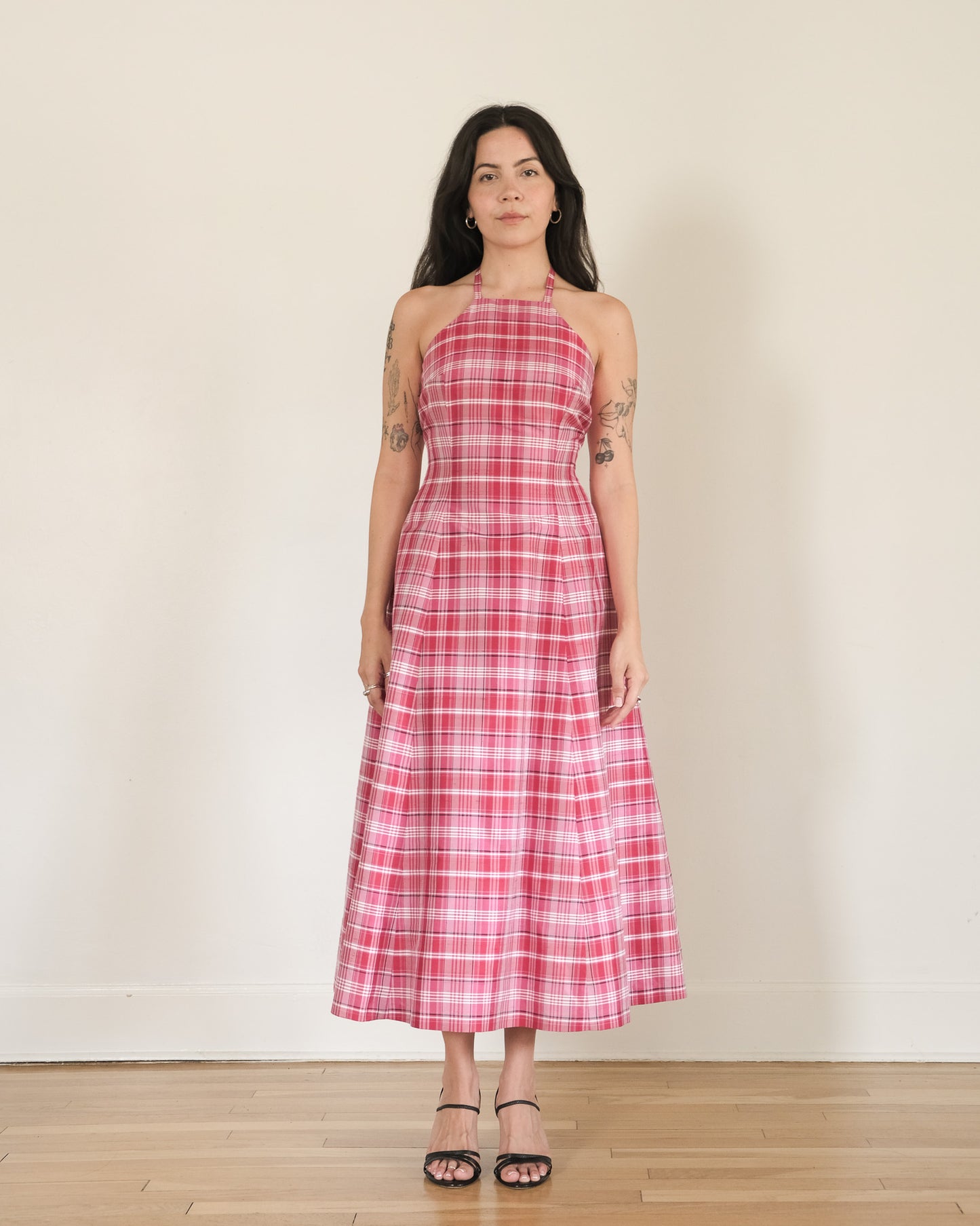 90s silk plaid halter dress