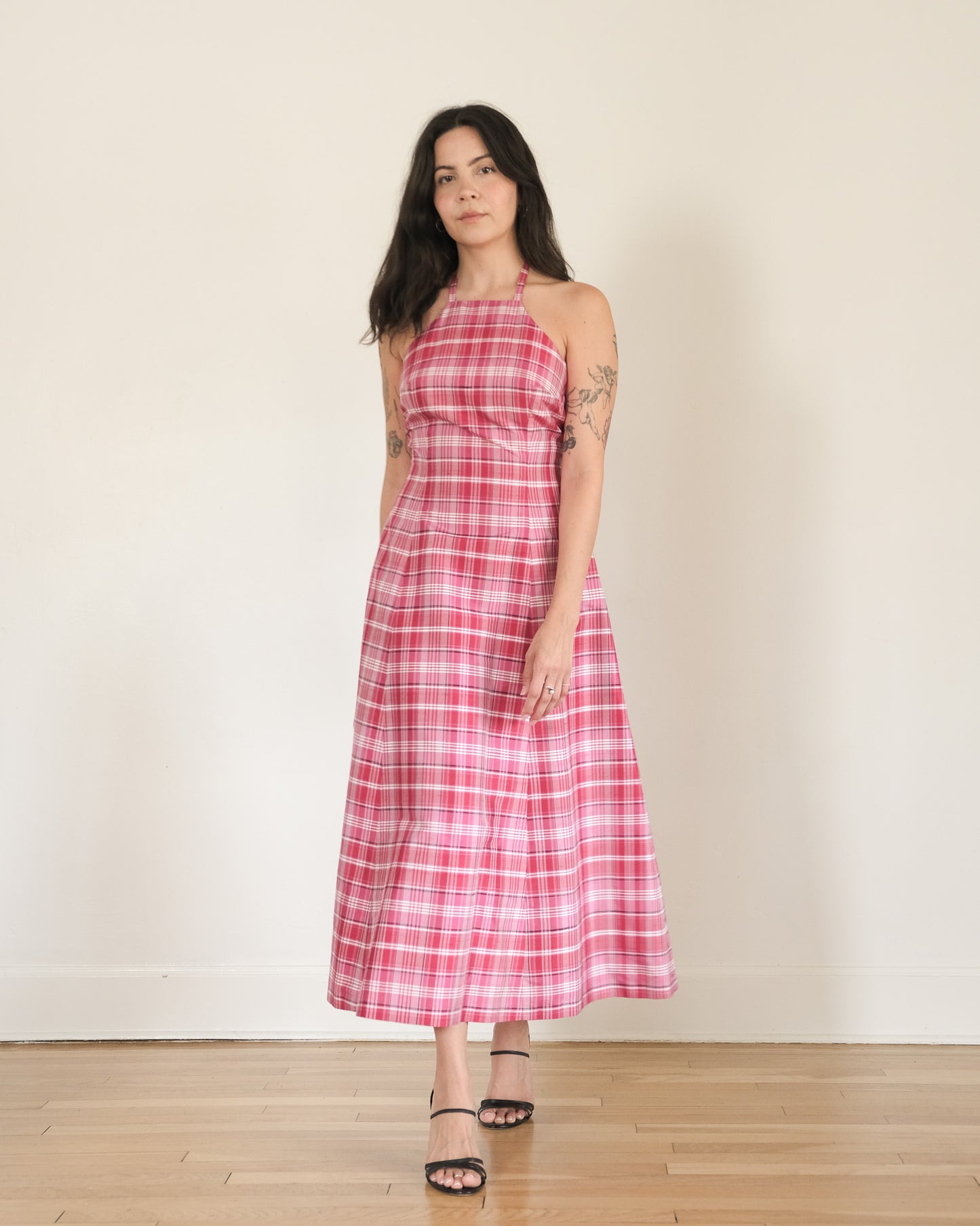 90s silk plaid halter dress