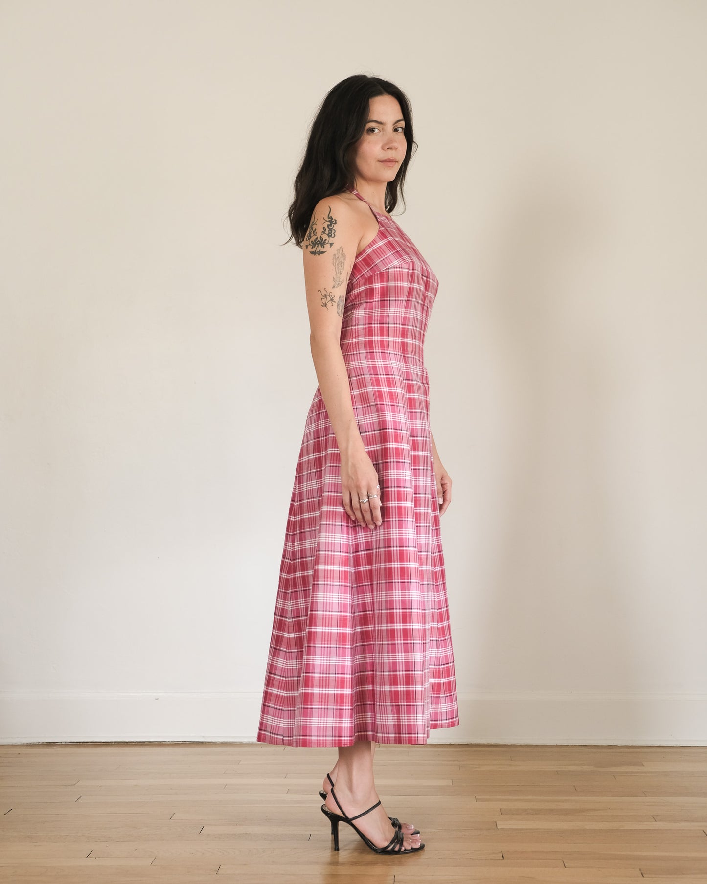 90s silk plaid halter dress