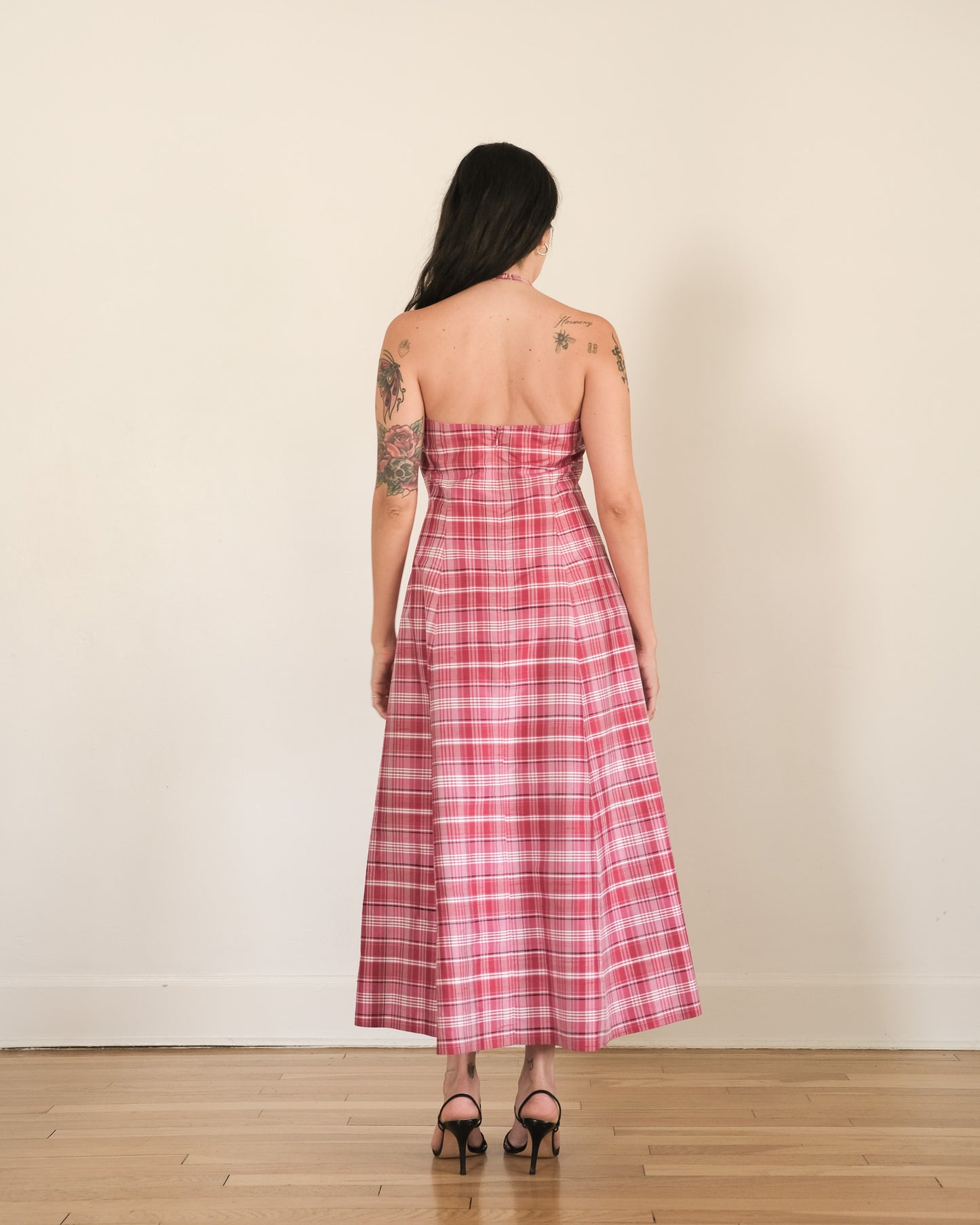 90s silk plaid halter dress
