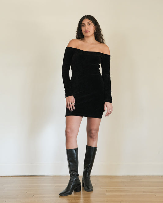 80s Betsey Johnson Punk Label velvet off the shoulder dress