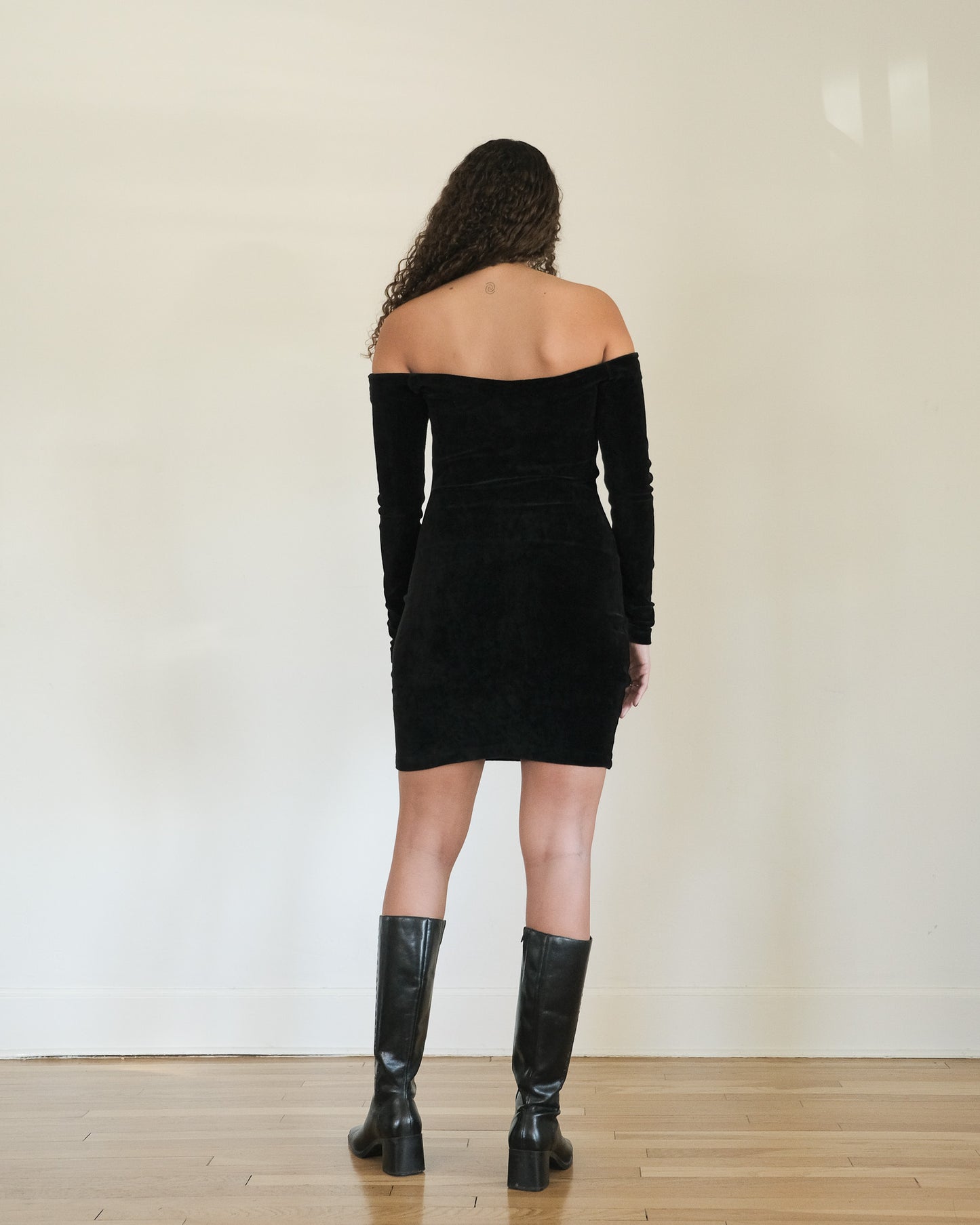 80s Betsey Johnson Punk Label velvet off the shoulder dress