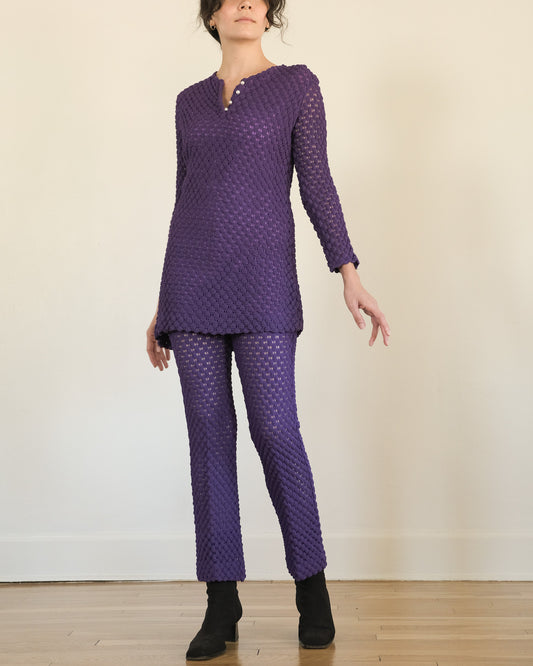 vintage 70s purple crochet matching tunic pants set