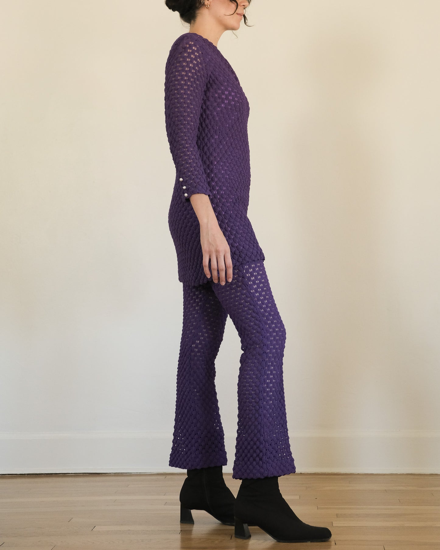 vintage 70s purple crochet matching tunic pants set