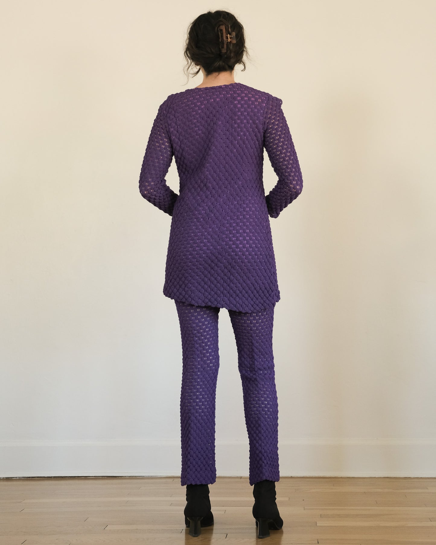 vintage 70s purple crochet matching tunic pants set