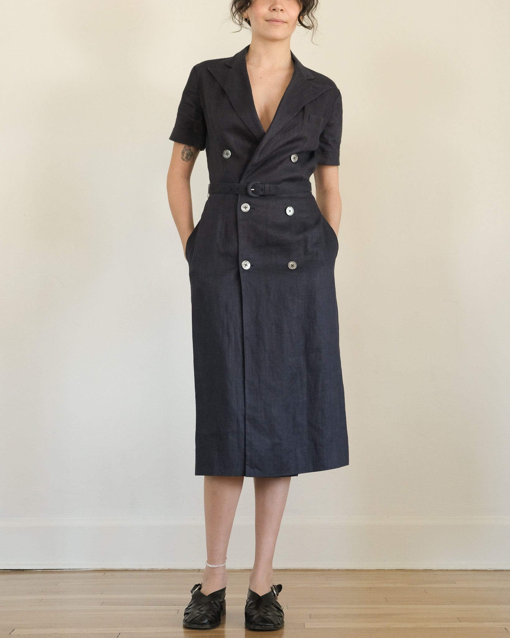 ralph lauren vintage navy blue linen belted short sleeve dress with pockets