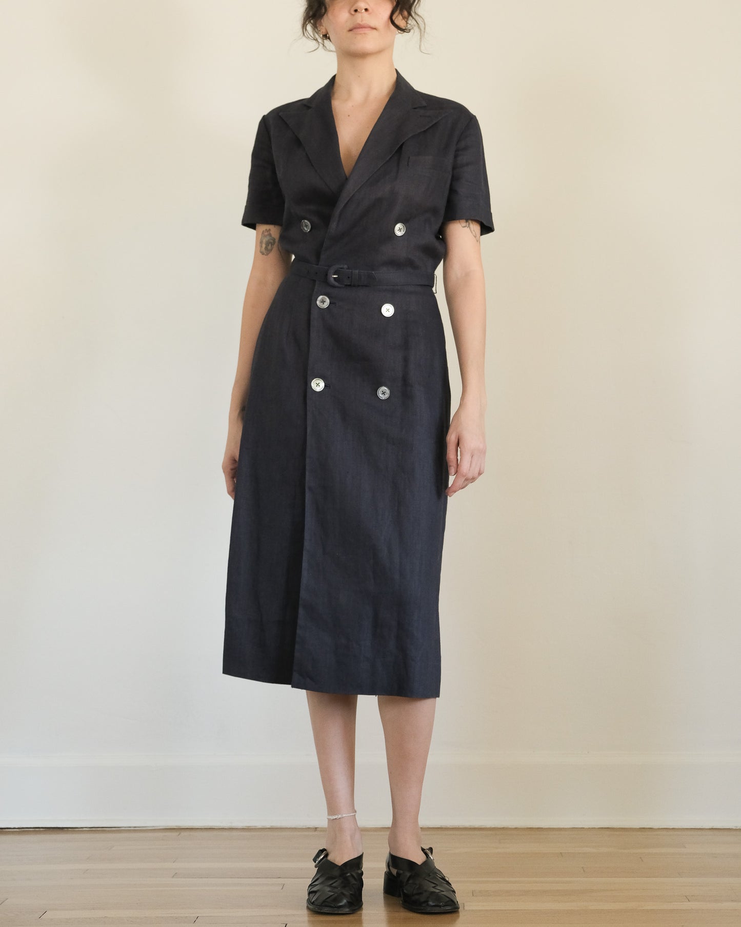 ralph lauren vintage navy blue linen belted short sleeve dress with pockets