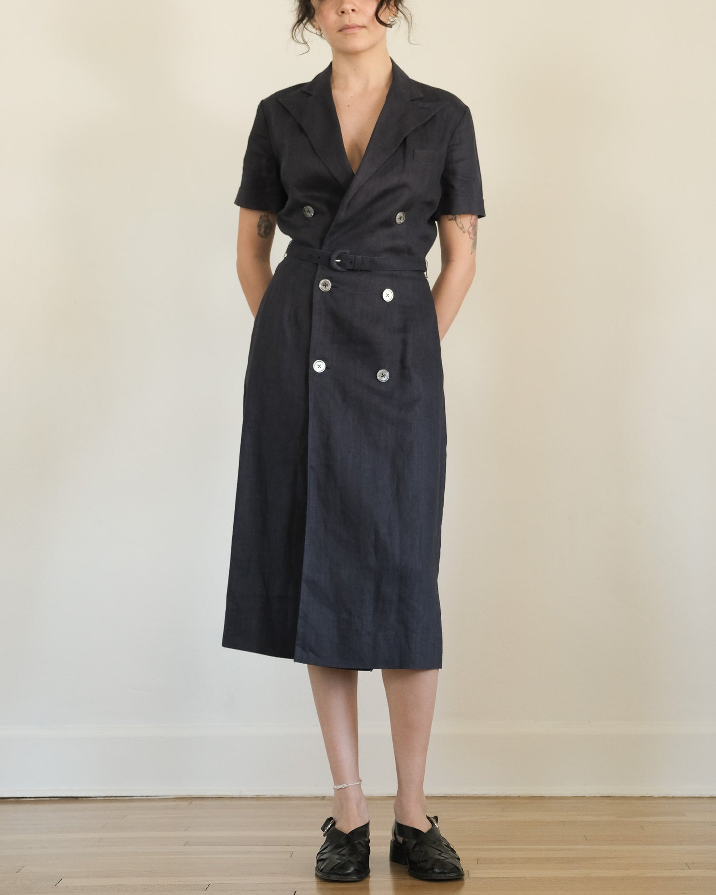 ralph lauren vintage navy blue linen belted short sleeve dress with pockets