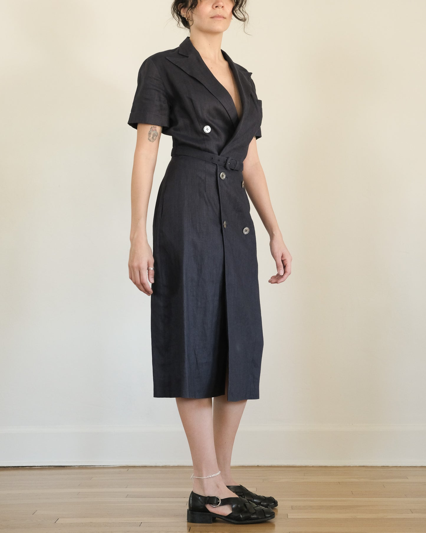 ralph lauren vintage navy blue linen belted short sleeve dress with pockets