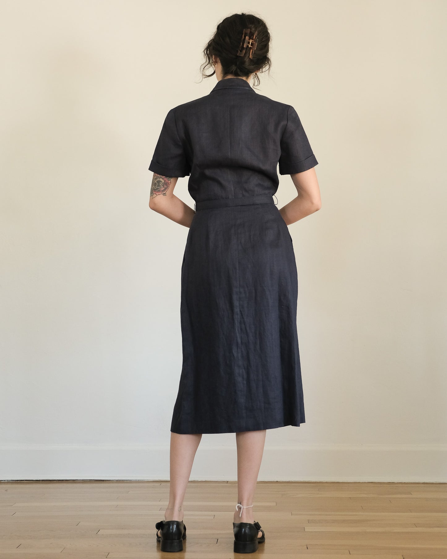 ralph lauren vintage navy blue linen belted short sleeve dress with pockets