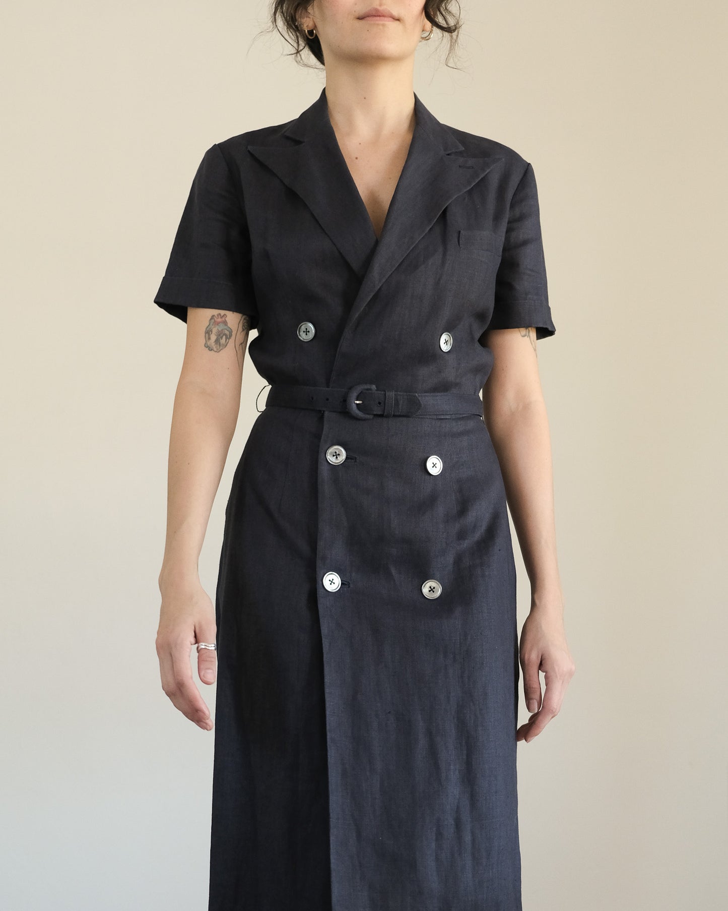 ralph lauren vintage navy blue linen belted short sleeve dress with pockets