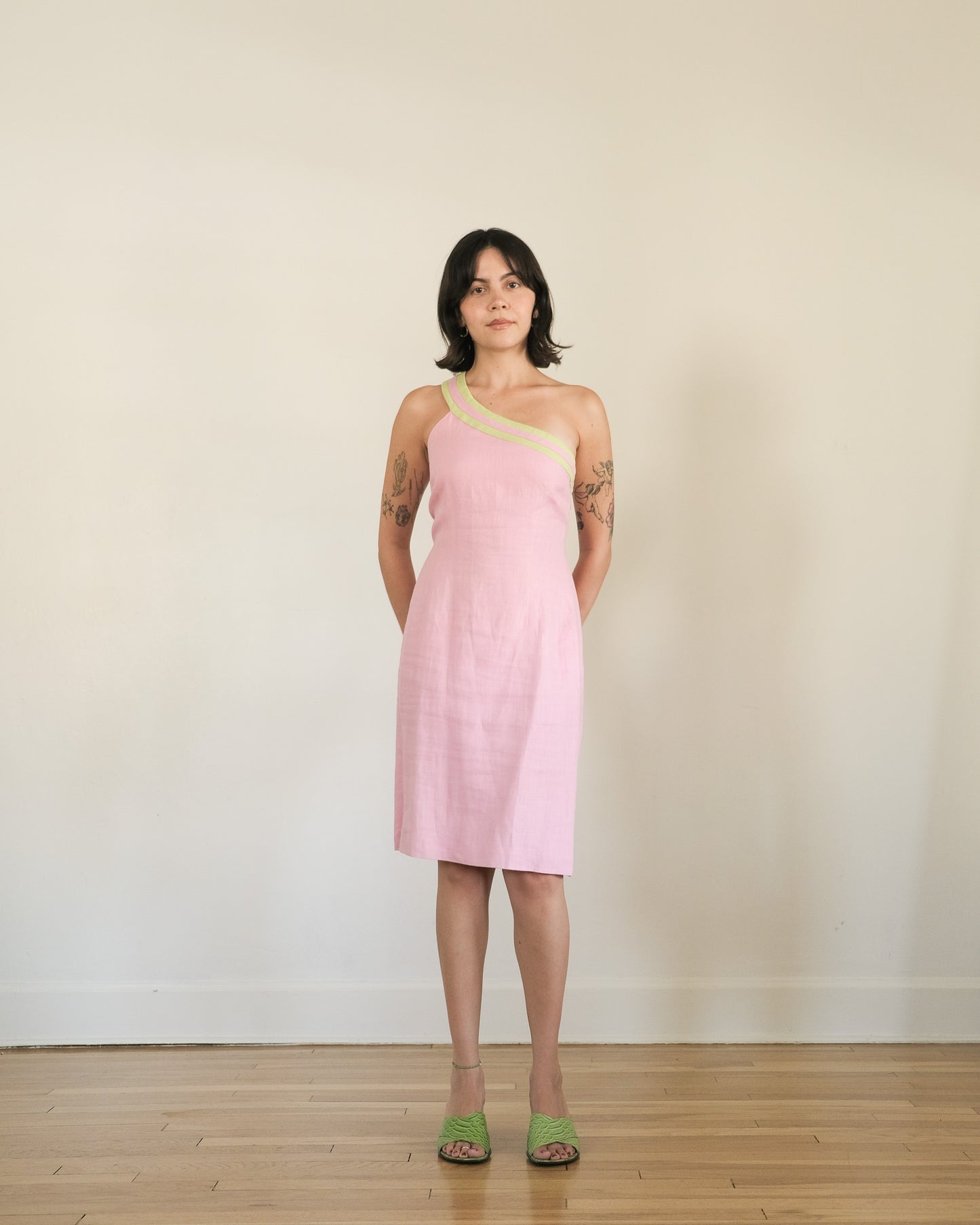 90s linen one-shoulder dress