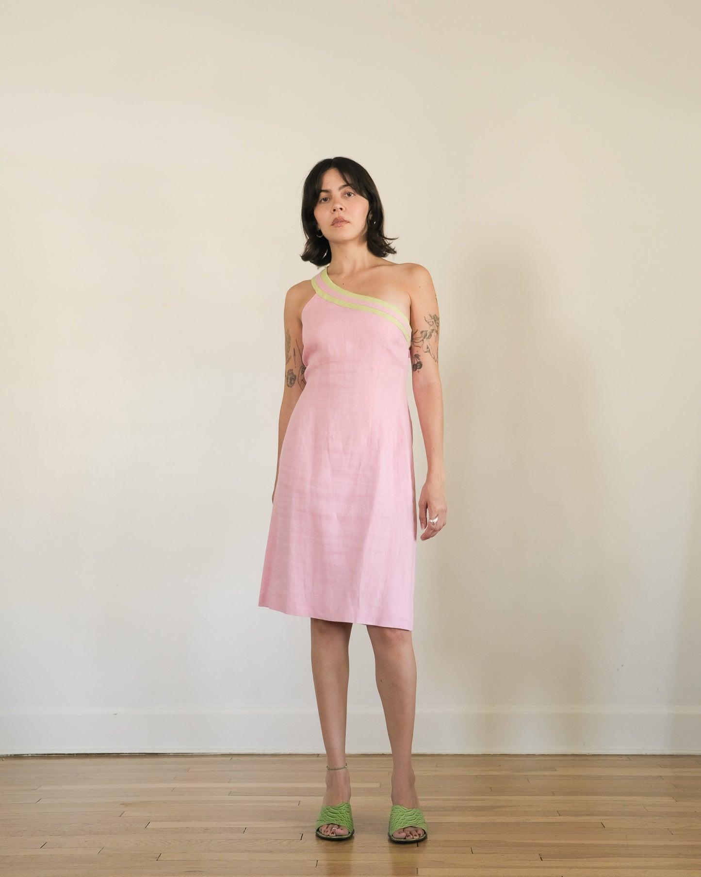 90s linen one-shoulder dress