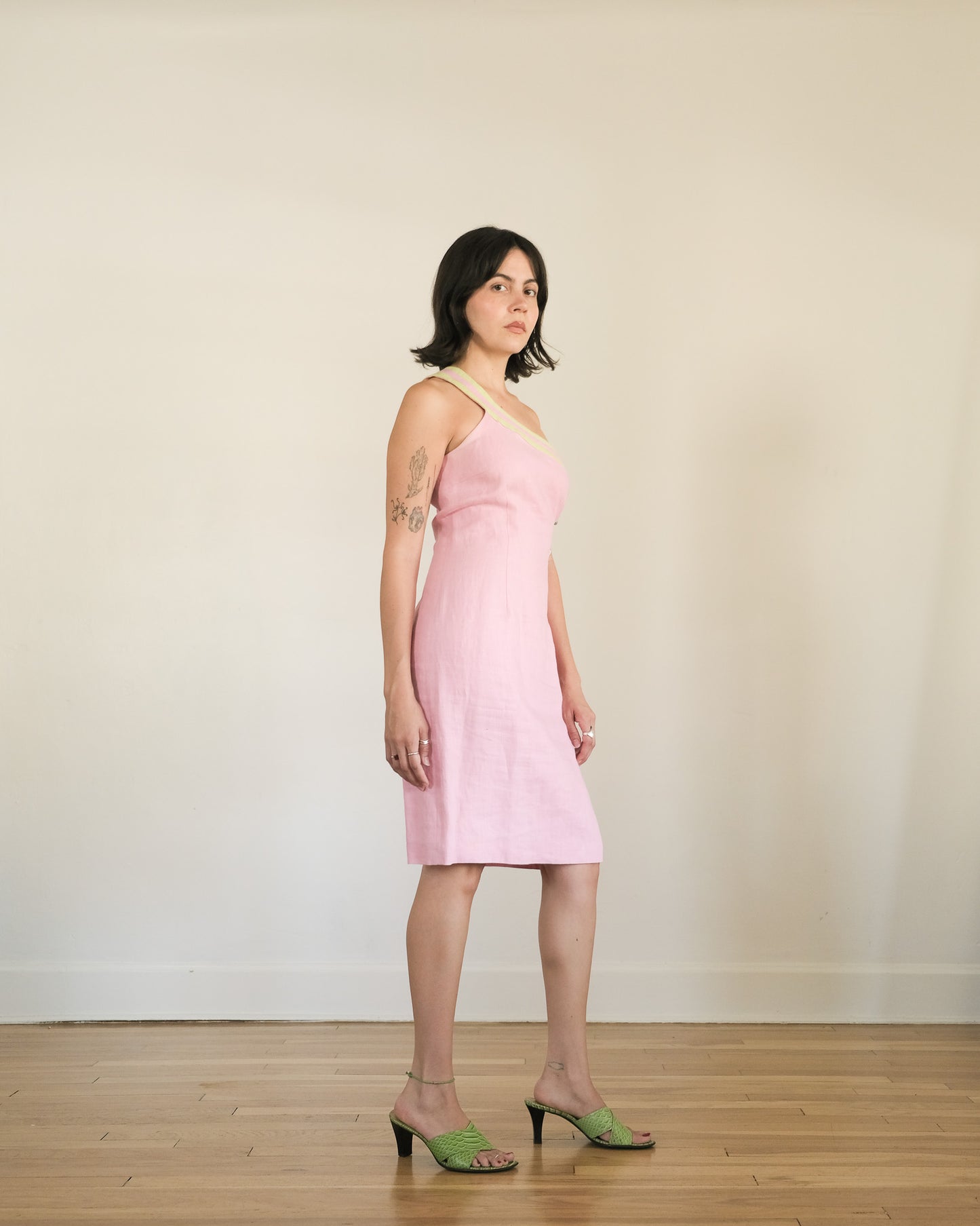 90s linen one-shoulder dress