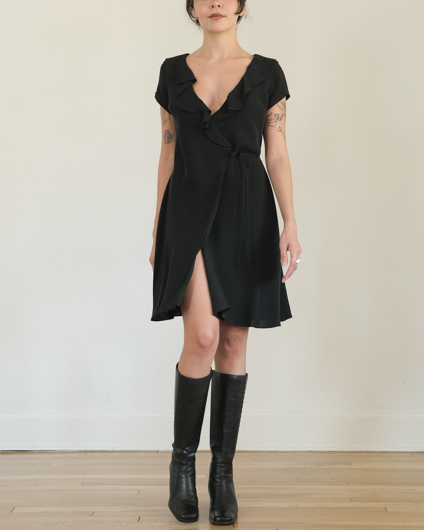 y2k silk ruffle wrap dress