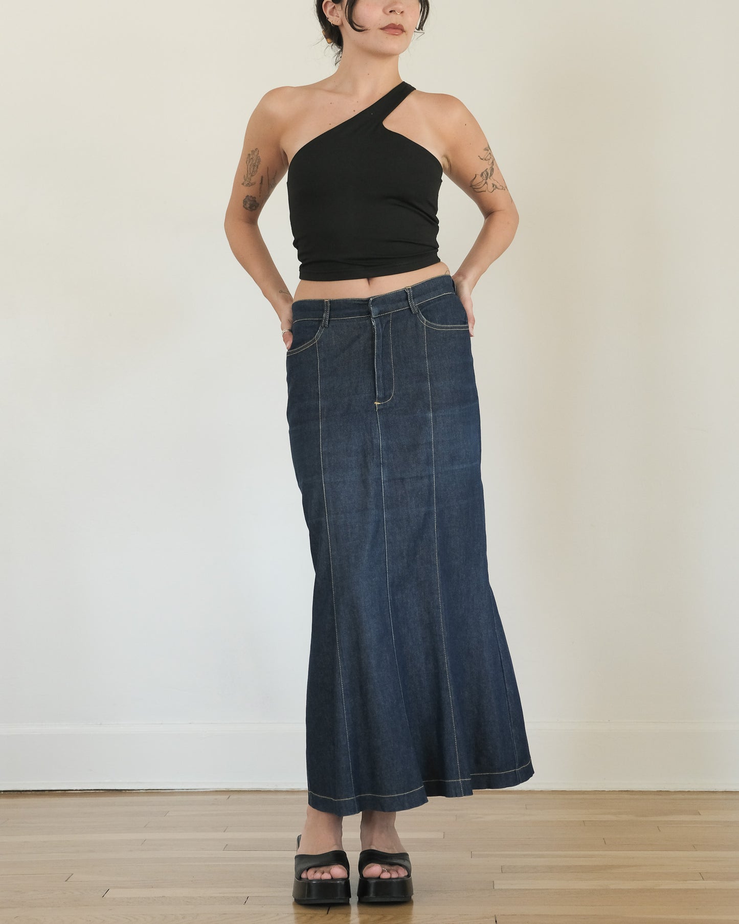 y2k bebe denim fishtail skirt