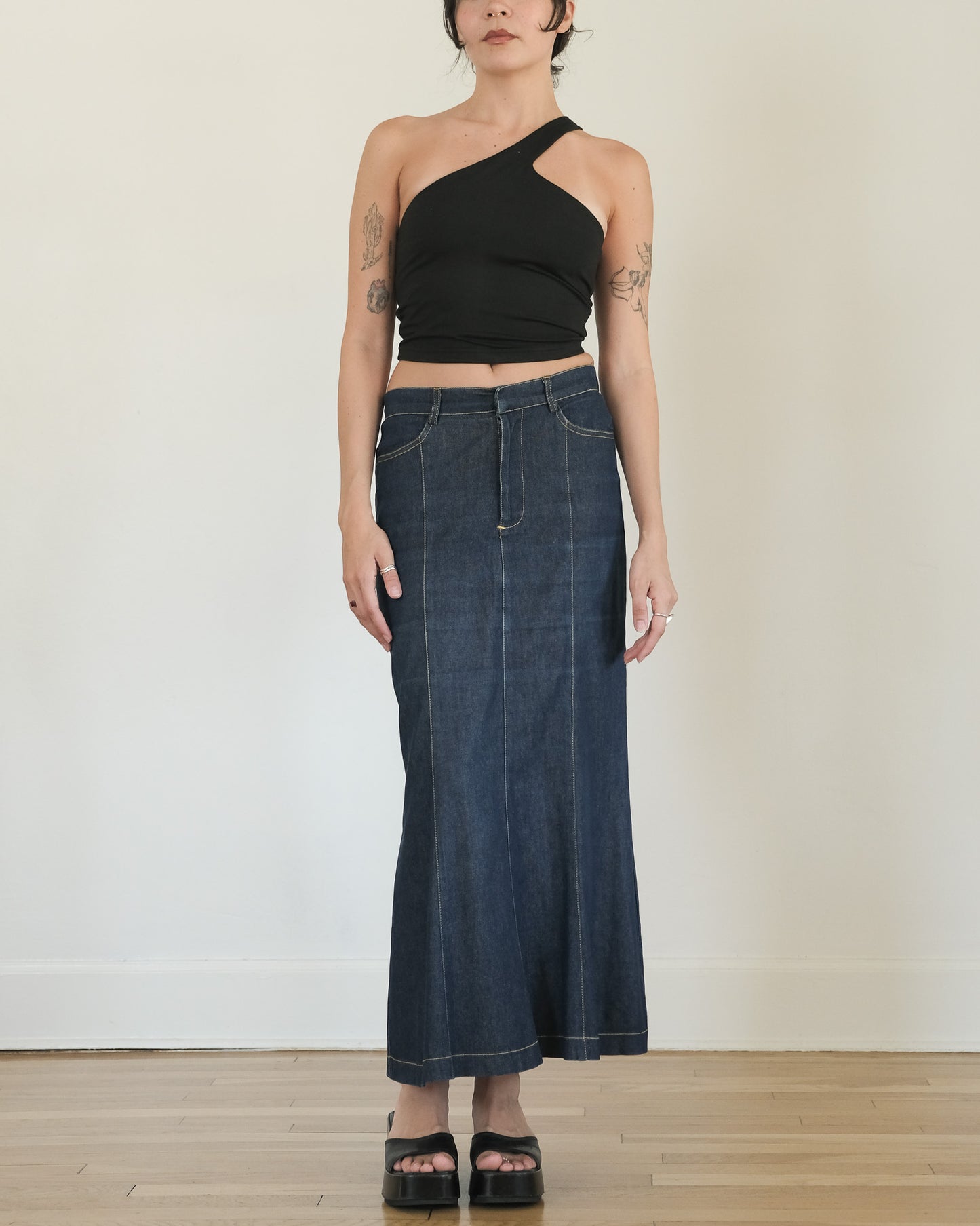 y2k bebe denim fishtail skirt