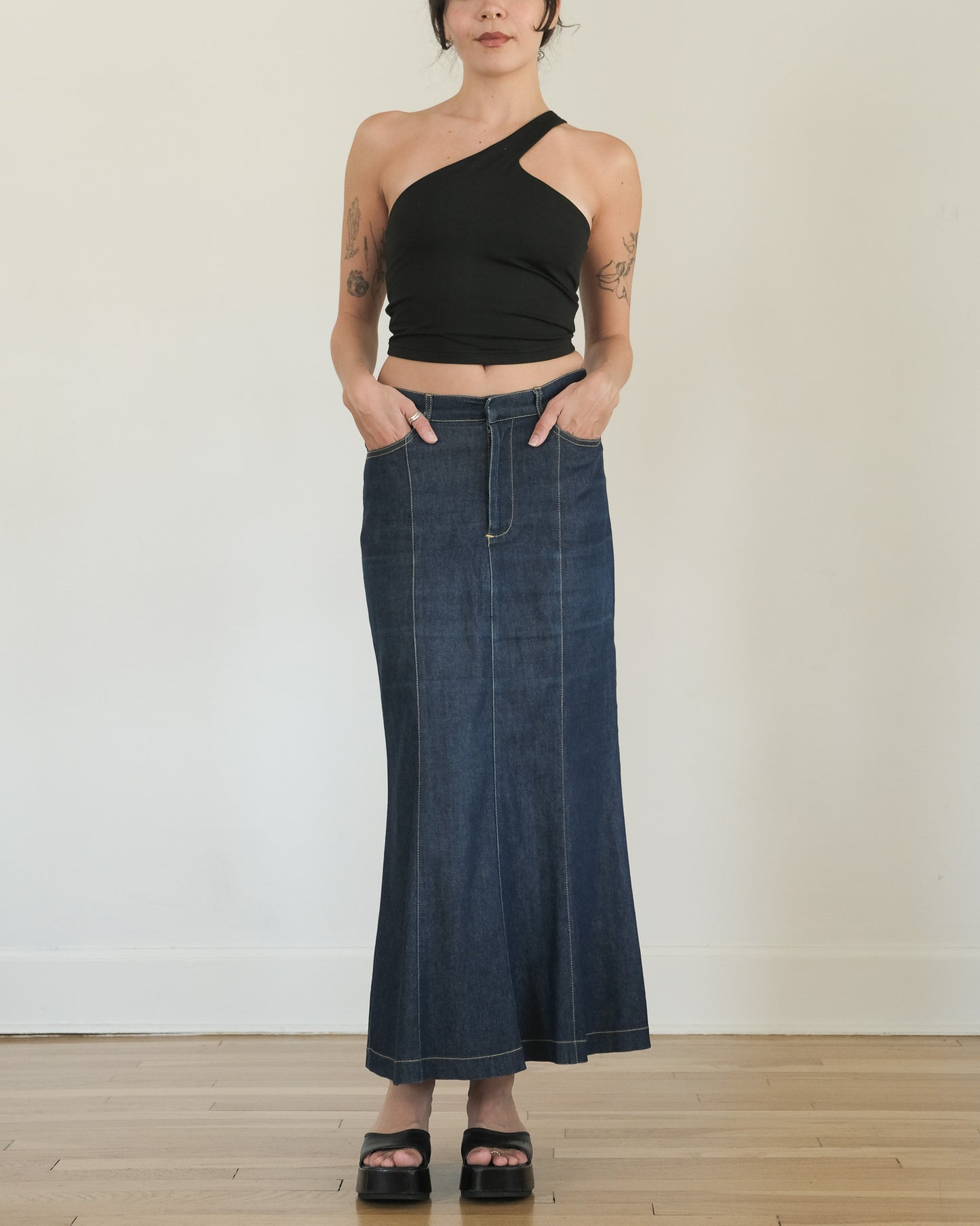 y2k bebe denim fishtail skirt