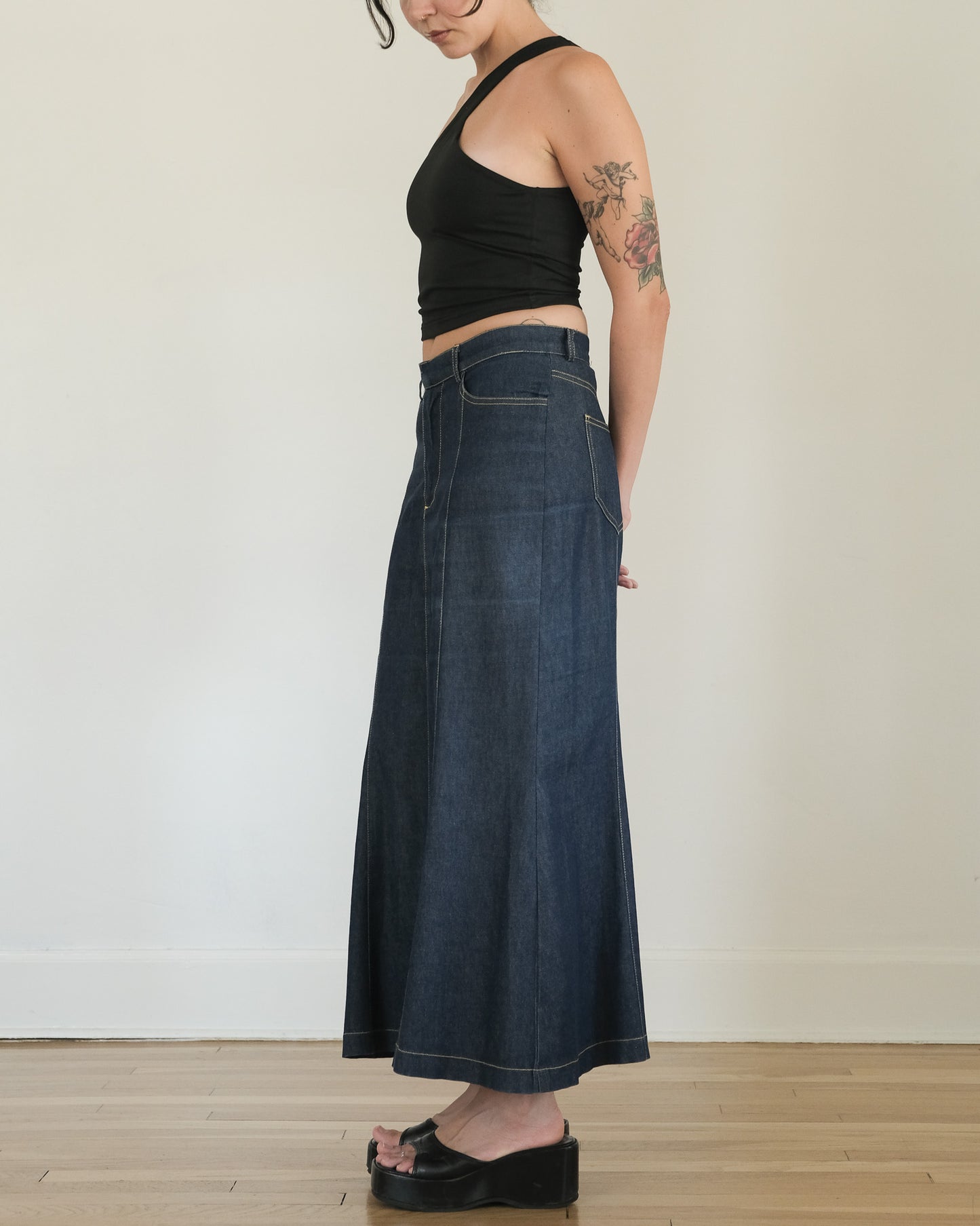 y2k bebe denim fishtail skirt