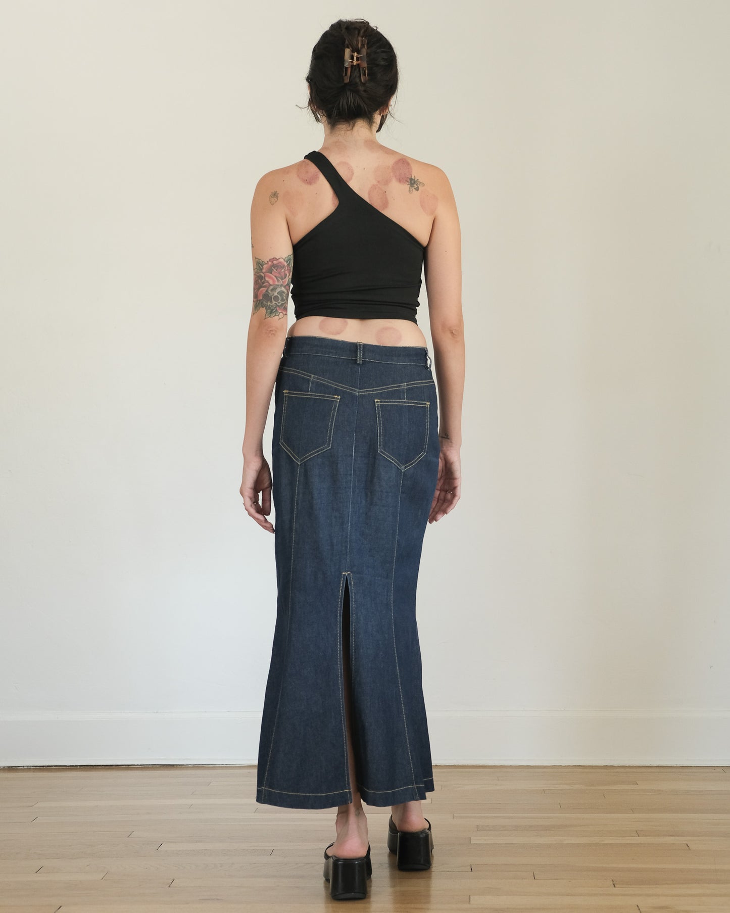 y2k bebe denim fishtail skirt