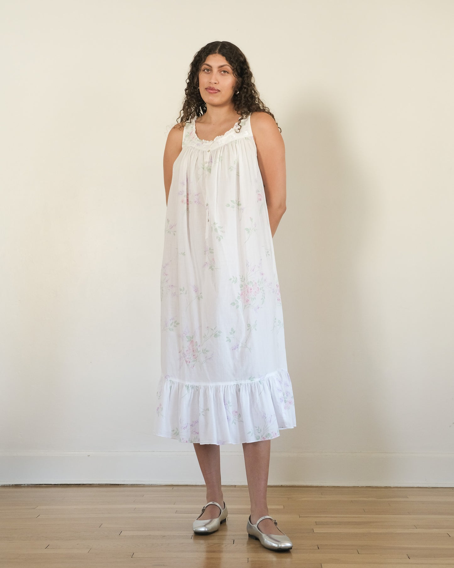 1994 Eileen West floral ruffle trim midi