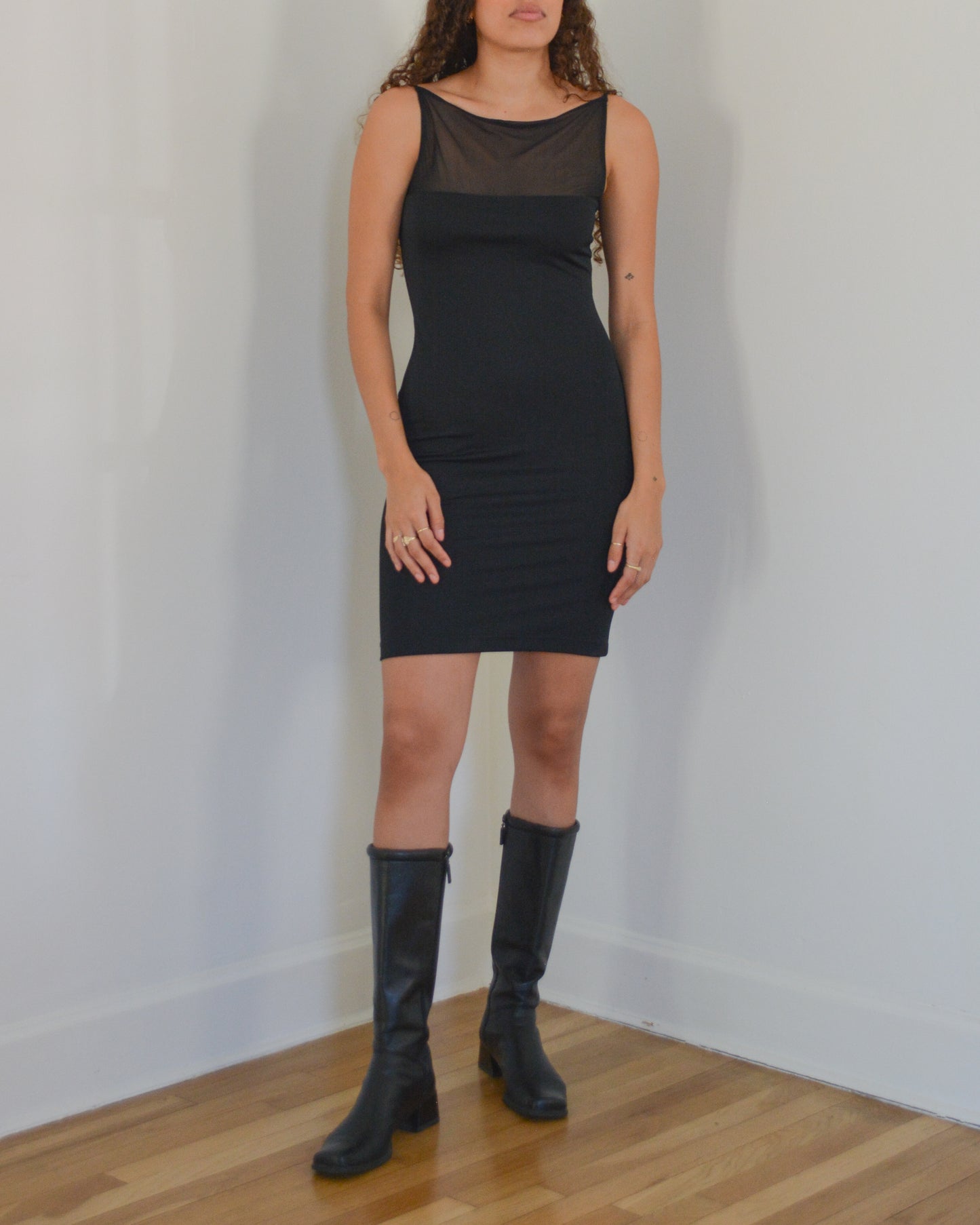 90S DONNA KARAN MESH NECK MINI DRESS